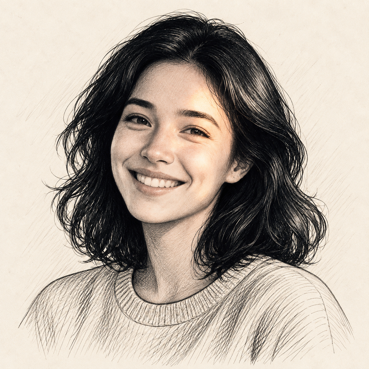 Illustrated portrait of Mara, an adult woman with dark wavy hair, a warm smile and a light jumper.