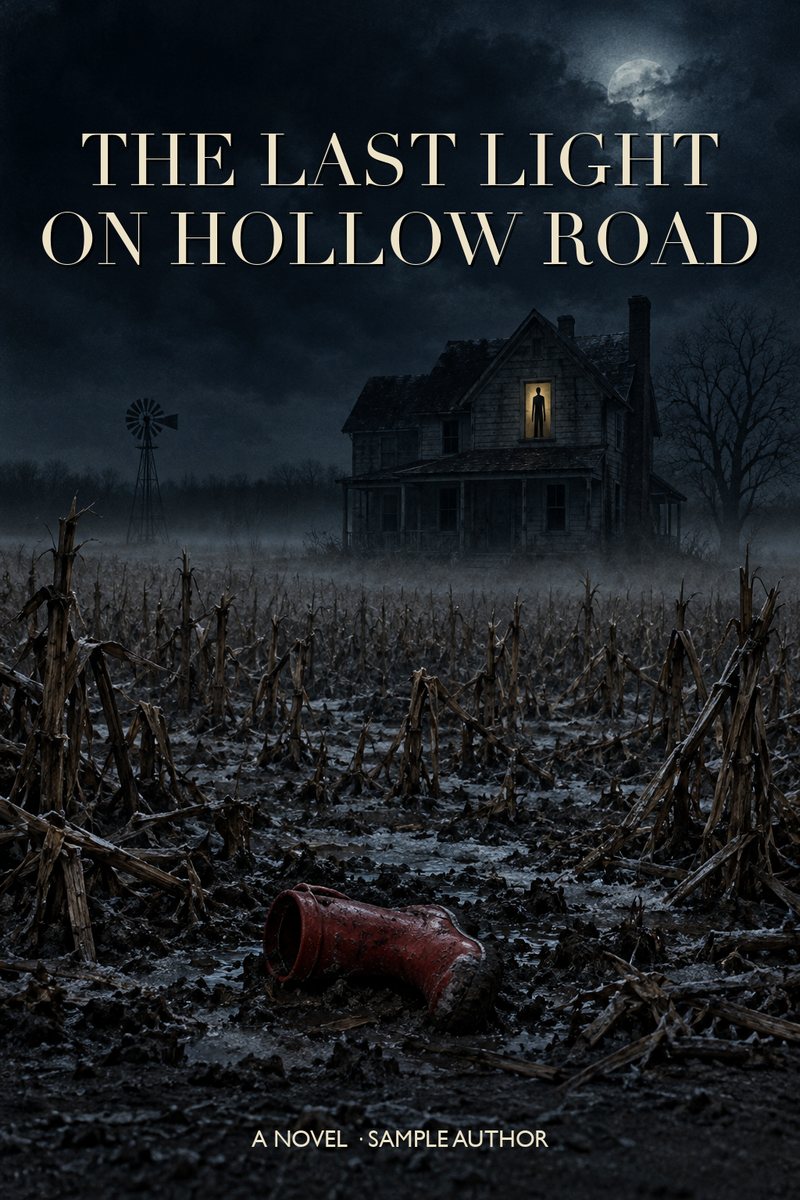 Book cover: a lone farmhouse with one lit window under a stormy night sky, a red boot lying in a dark field, title in pale serif capitals.