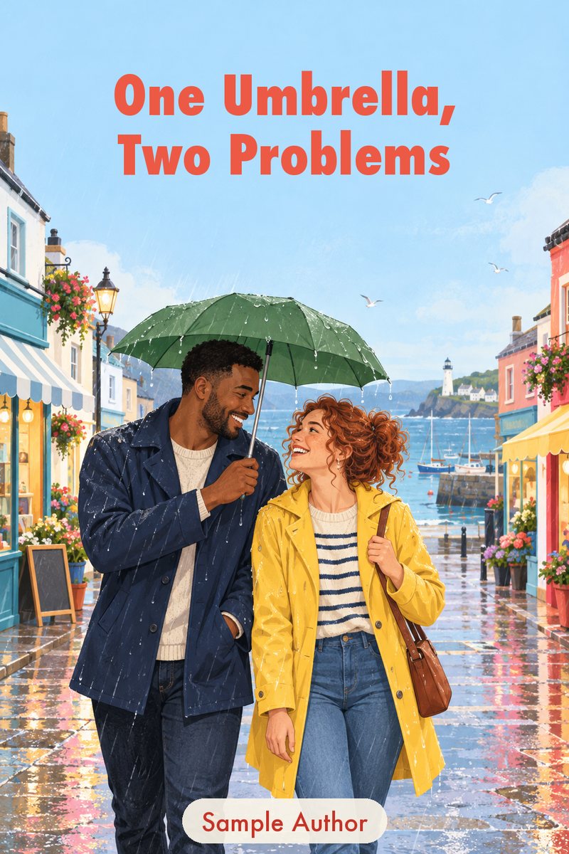 Book cover: a laughing couple share a green umbrella on a rainy harbour street, the title in coral letters at the top.