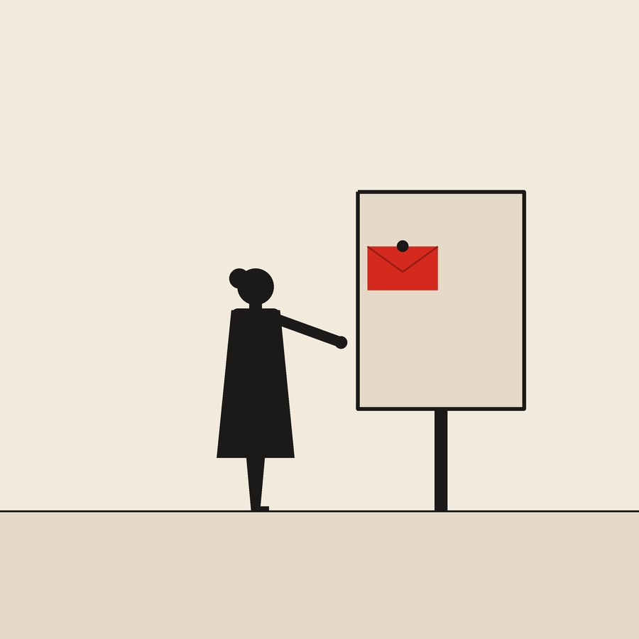 The first letter, pinned where strangers pass: flat ink figures on cream paper with one red envelope.