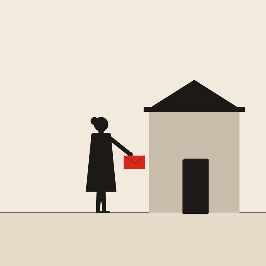 A house of my own: flat ink figures on cream paper with one red envelope.