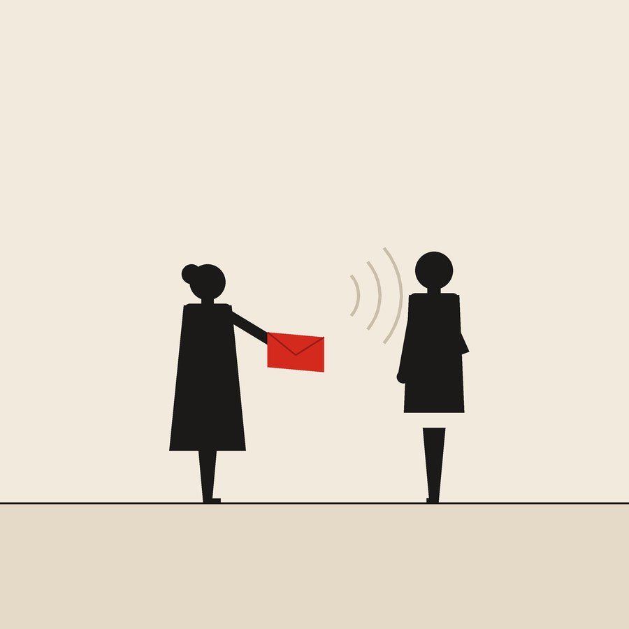 Choosing a voice: flat ink figures on cream paper with one red envelope.