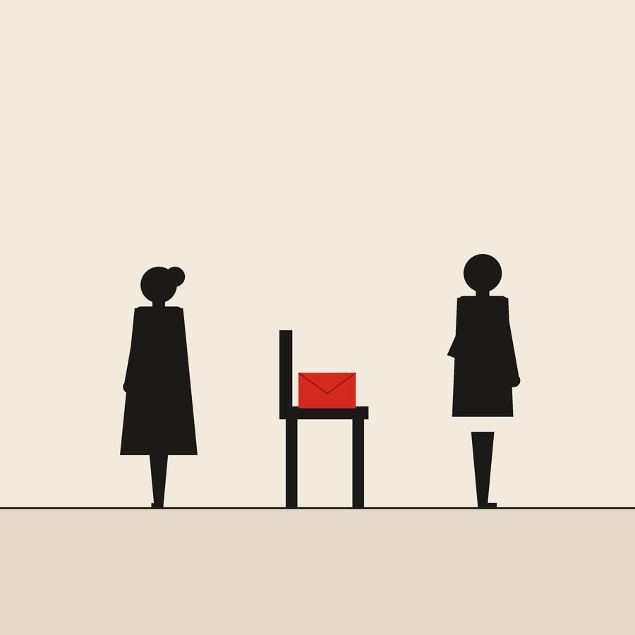 Left on the chair: flat ink figures on cream paper with one red envelope.