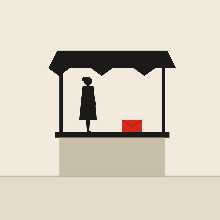 A stall at the market: flat ink figures on cream paper with one red envelope.