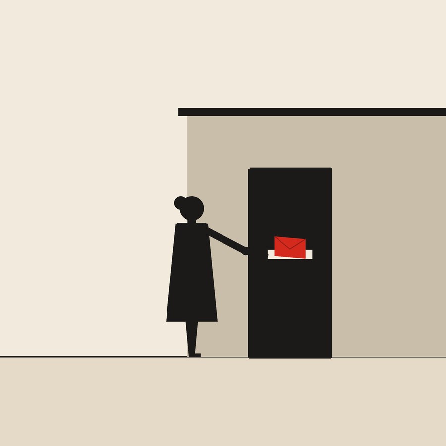 Mending the letterbox: flat ink figures on cream paper with one red envelope.