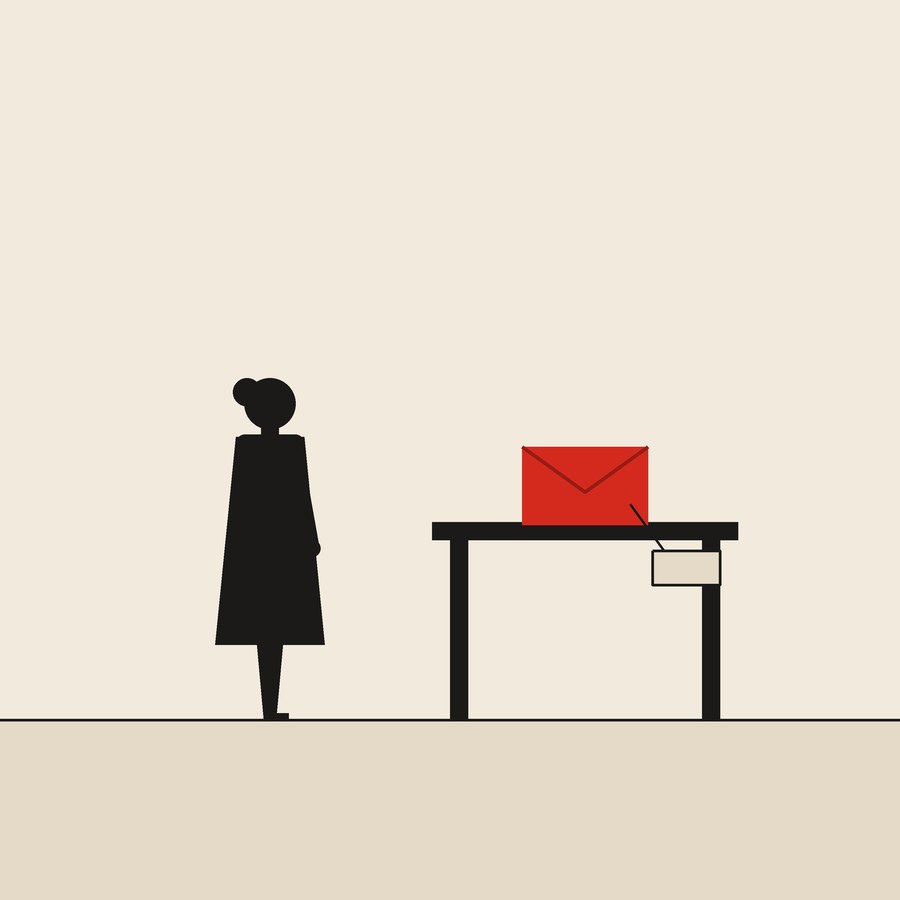 A price, then a long look: flat ink figures on cream paper with one red envelope.