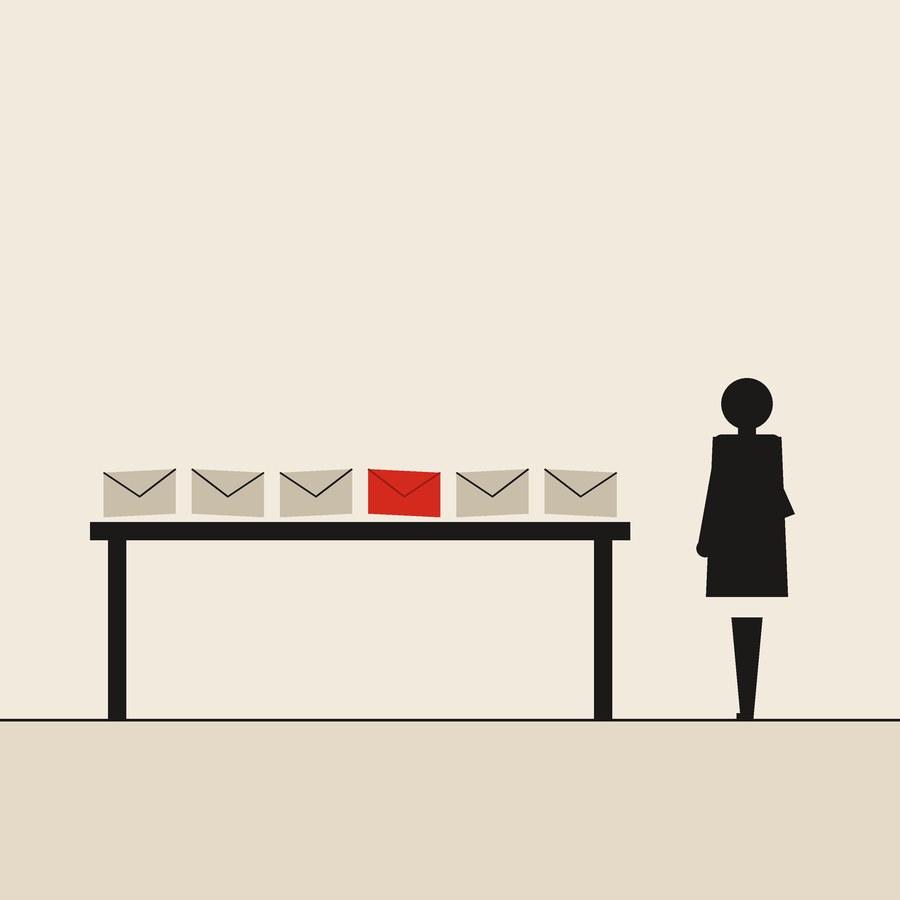 Six on the table: flat ink figures on cream paper with one red envelope.