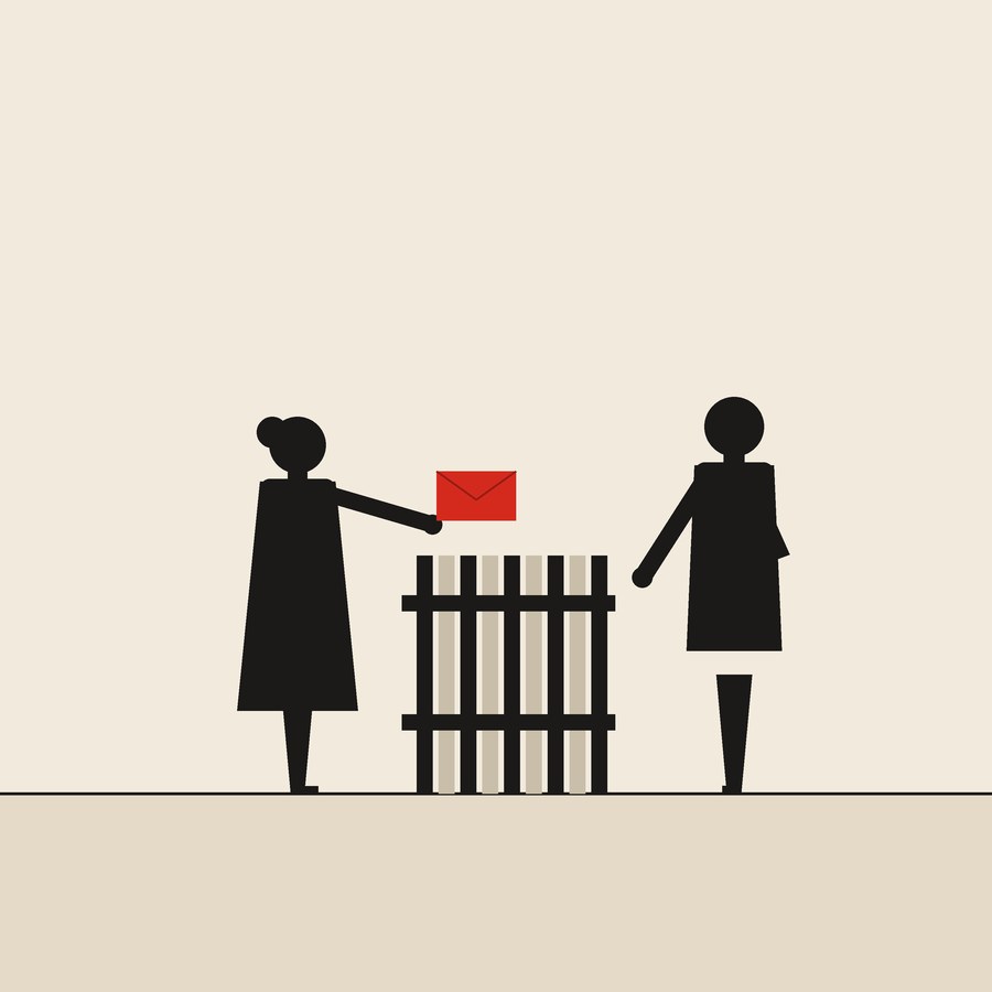 Answers over the fence: flat ink figures on cream paper with one red envelope.