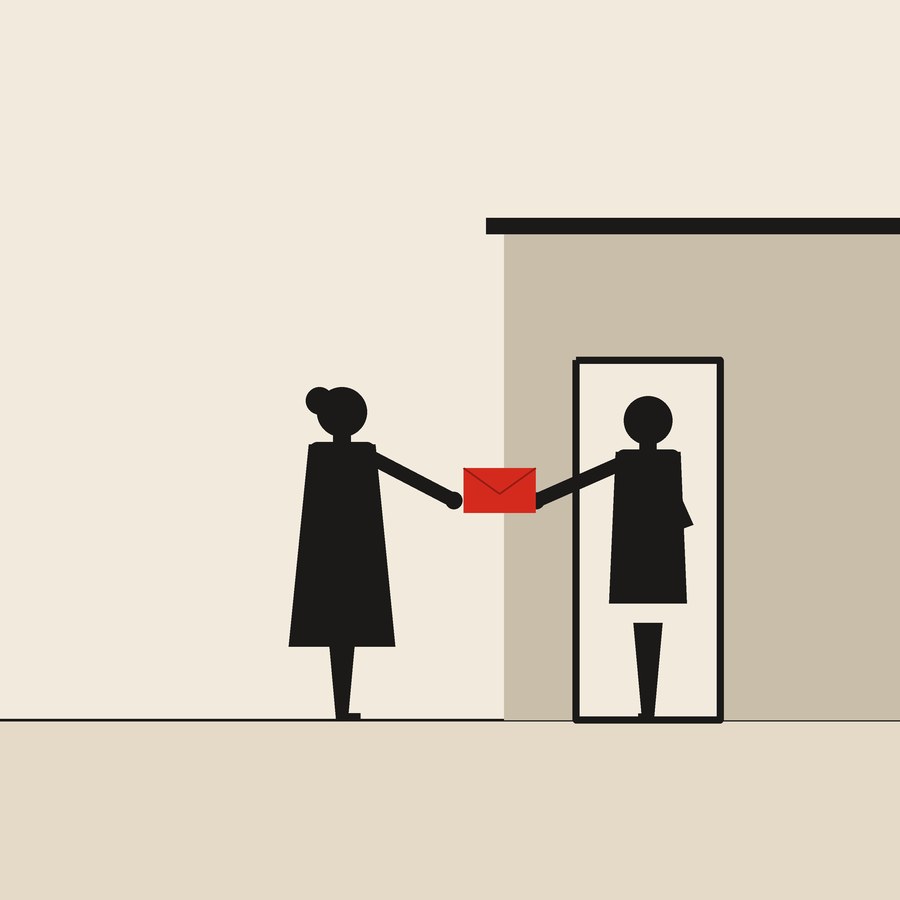 Only if the door opens: flat ink figures on cream paper with one red envelope.