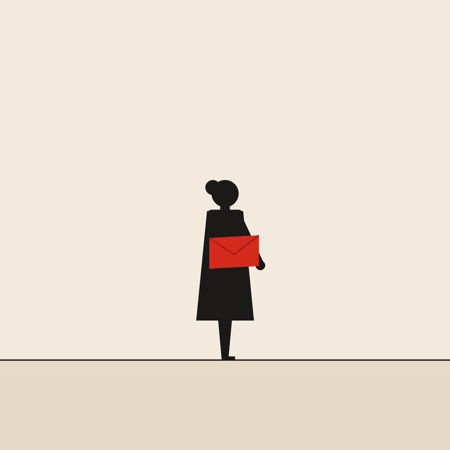 Mostly because I like them: flat ink figures on cream paper with one red envelope.