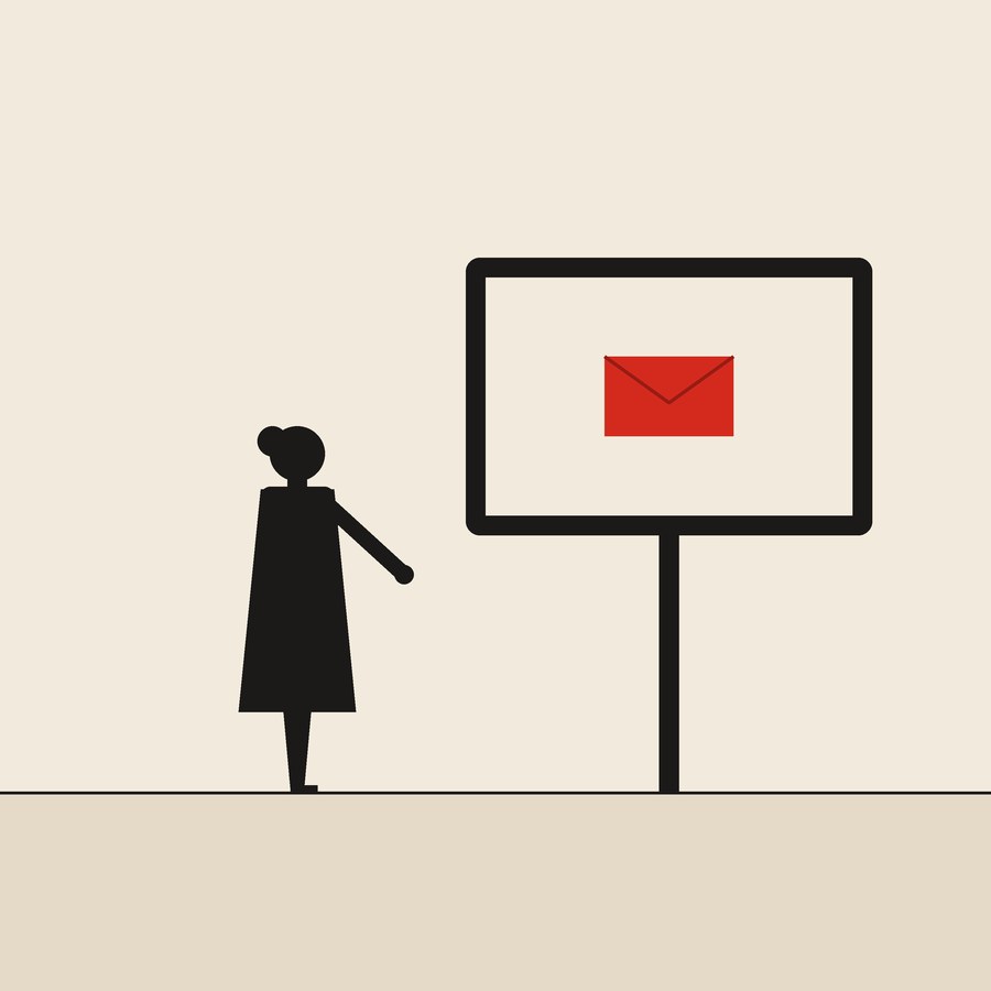 Talking to a screen: flat ink figures on cream paper with one red envelope.
