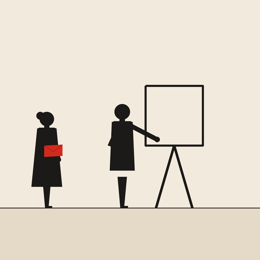Stepping back for the painter: flat ink figures on cream paper with one red envelope.