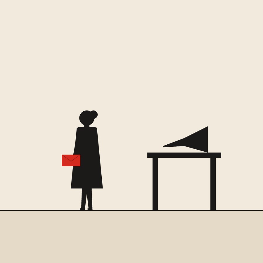 Walking past the loudspeaker: flat ink figures on cream paper with one red envelope.