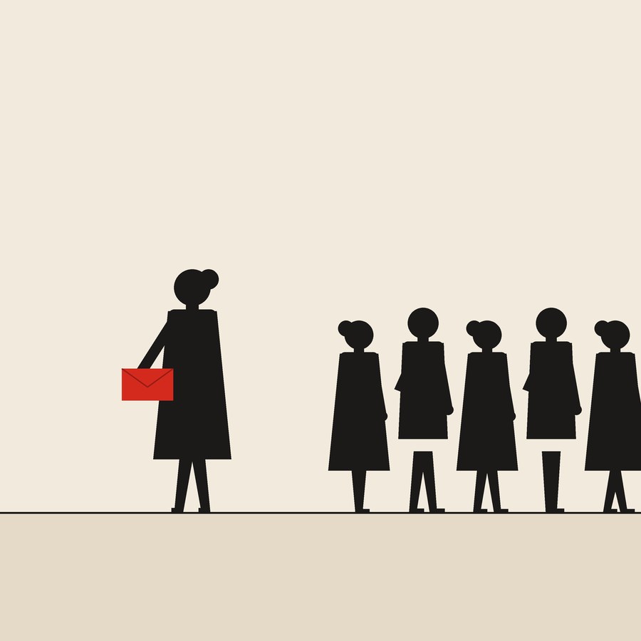 The other way: flat ink figures on cream paper with one red envelope.
