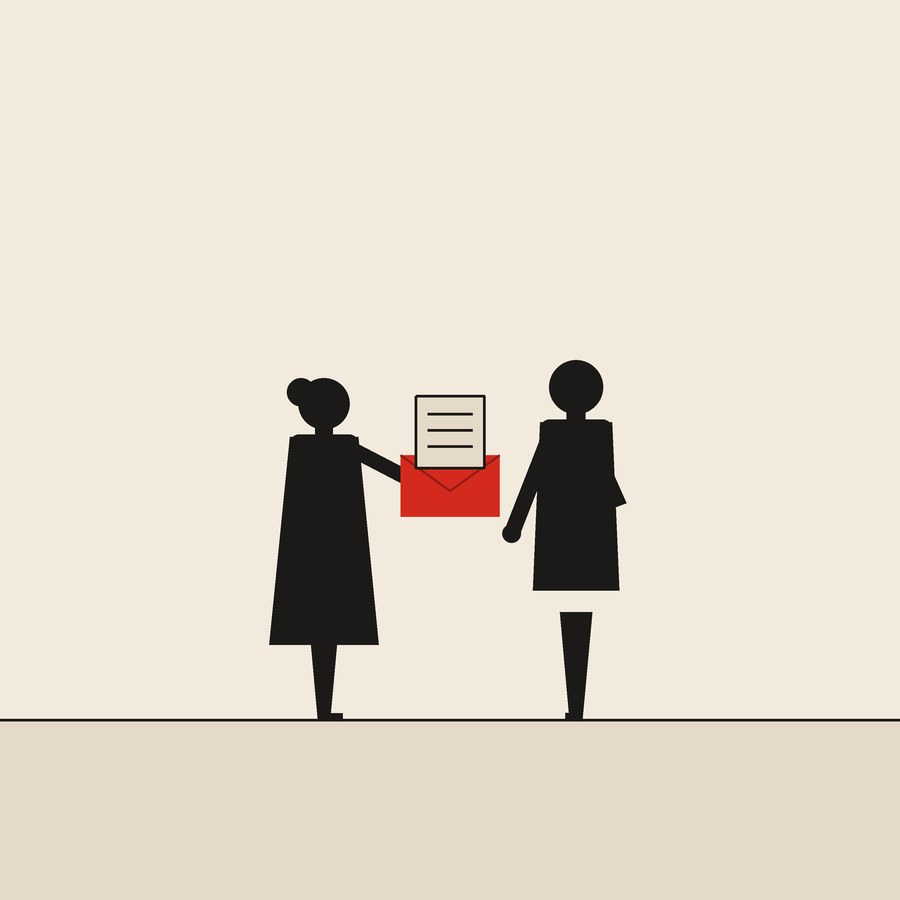 People buy stories: flat ink figures on cream paper with one red envelope.