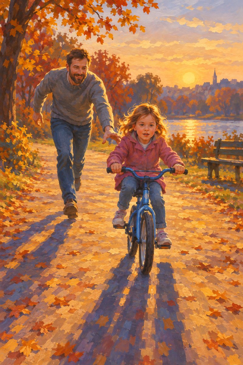 Painting: a father runs behind his small daughter on a blue bicycle along an autumn path at sunset.