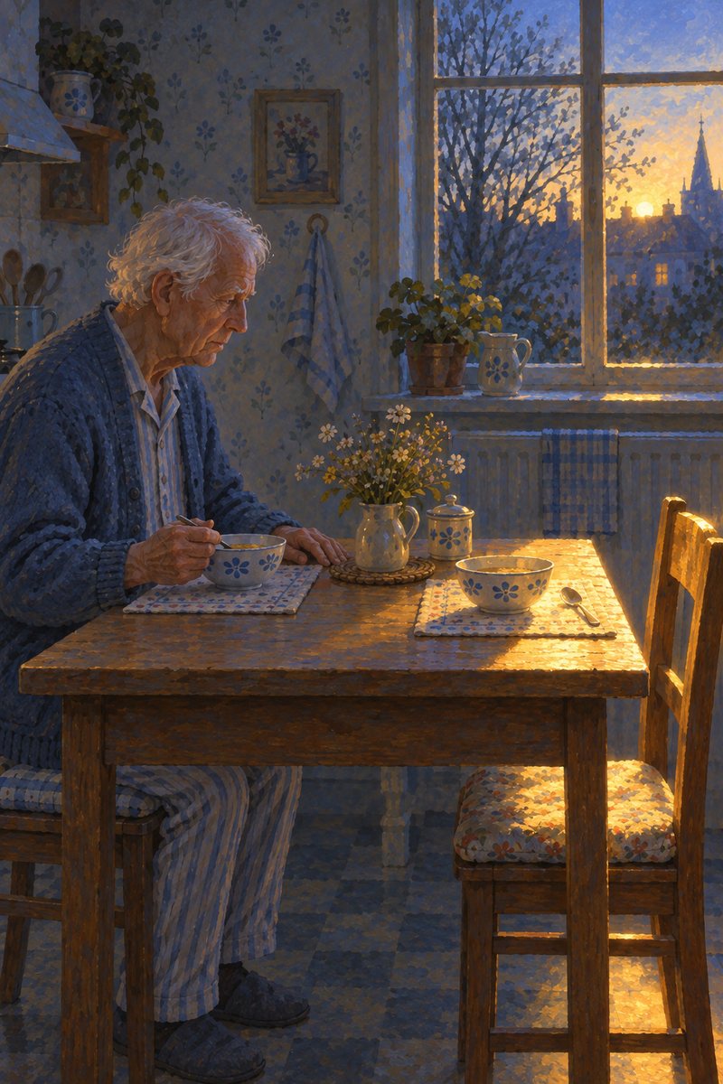 Painting: an old man alone at a kitchen table at dusk, two bowls set out, a second chair empty.