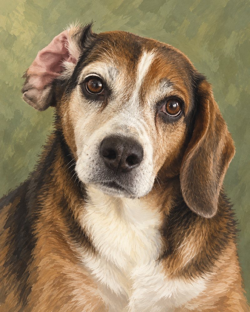 Painted portrait of the same beagle, soft green background, every marking kept.