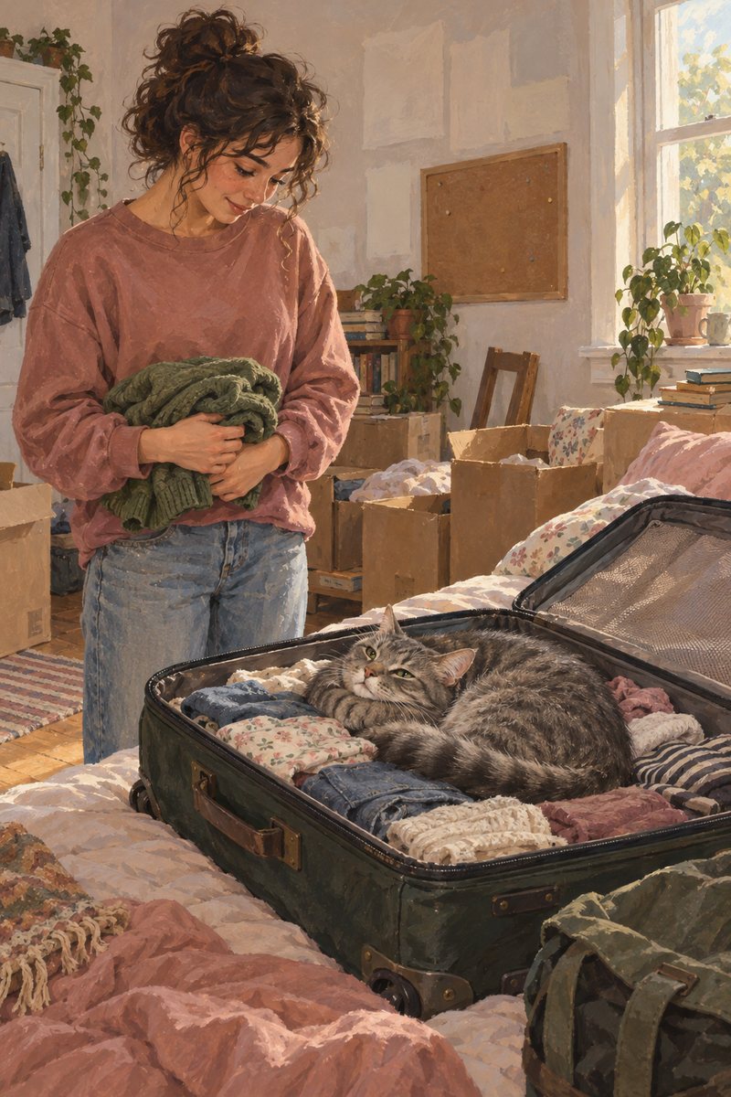 Painting: a grey tabby cat curled up asleep in an open suitcase on a bed, its owner holding a jumper.