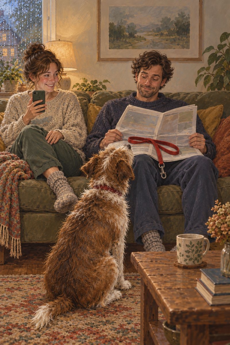 Painting: a scruffy dog holds a red lead in its mouth and looks up at a couple on the sofa.