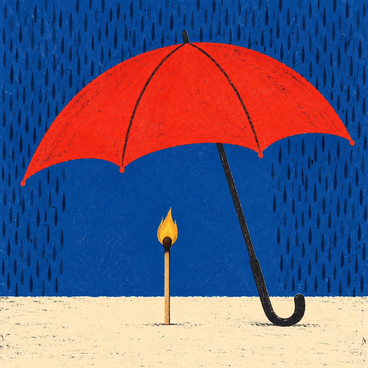 A red umbrella shelters a single burning match against blue rain. A small flame sits in the dry space beneath the canopy.