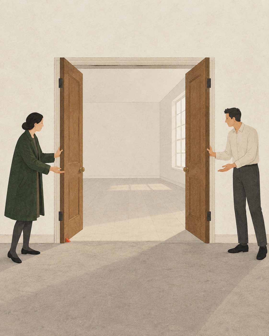 Two adults stand on opposite sides of a wide double doorway. Each holds one door open and offers an open palm toward the other. Neither enters the empty room between them. Forest green, charcoal and warm paper tones, with a tiny red doorstop.