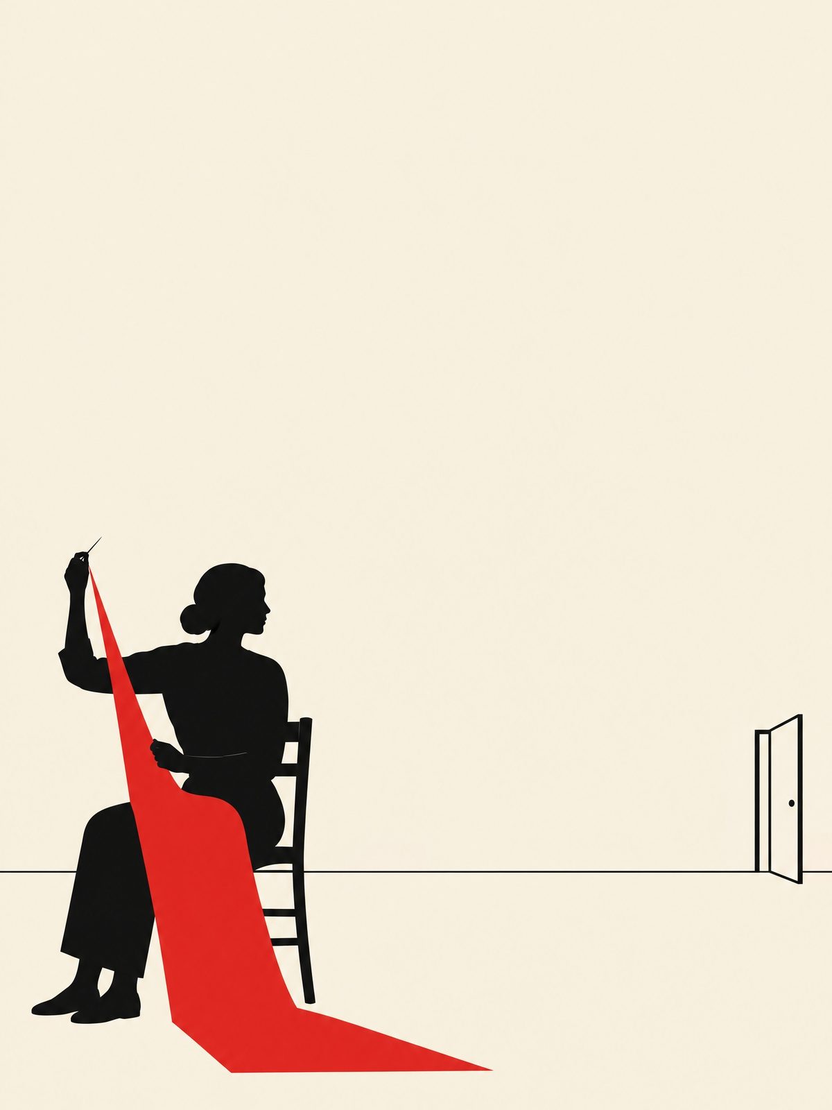 Flat black shapes on cream paper. A woman on a wooden chair sews a long vermilion cloth, the only coloured thing in the picture. Her needle hand has stopped in mid-air and she looks back over her shoulder. Far behind her, small, an ordinary door stands half open.