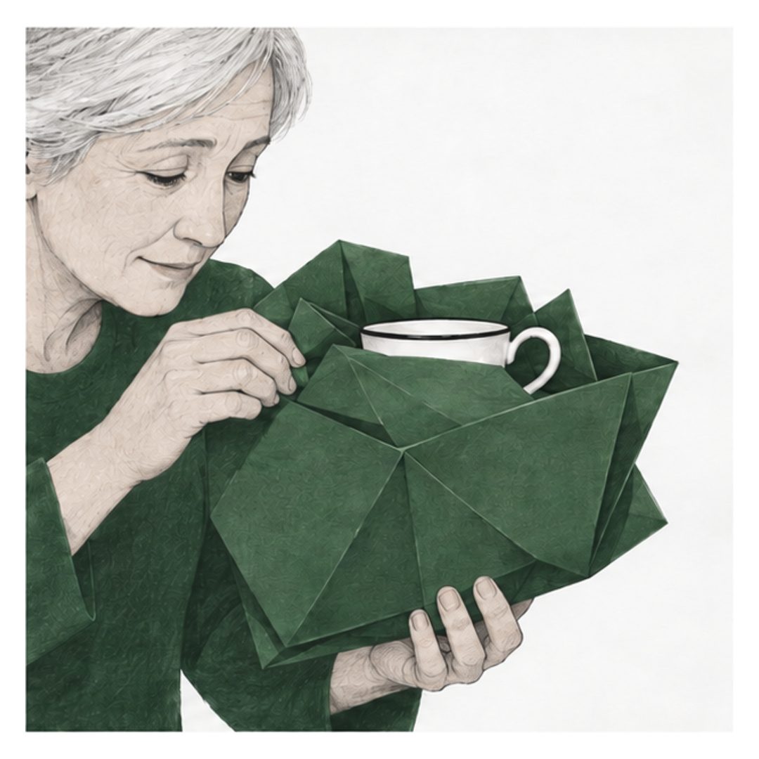 The older woman carefully folds forest-green paper around the same cup. The many angular layers form a parcel several times larger than the cup, with its white rim and handle still visible.