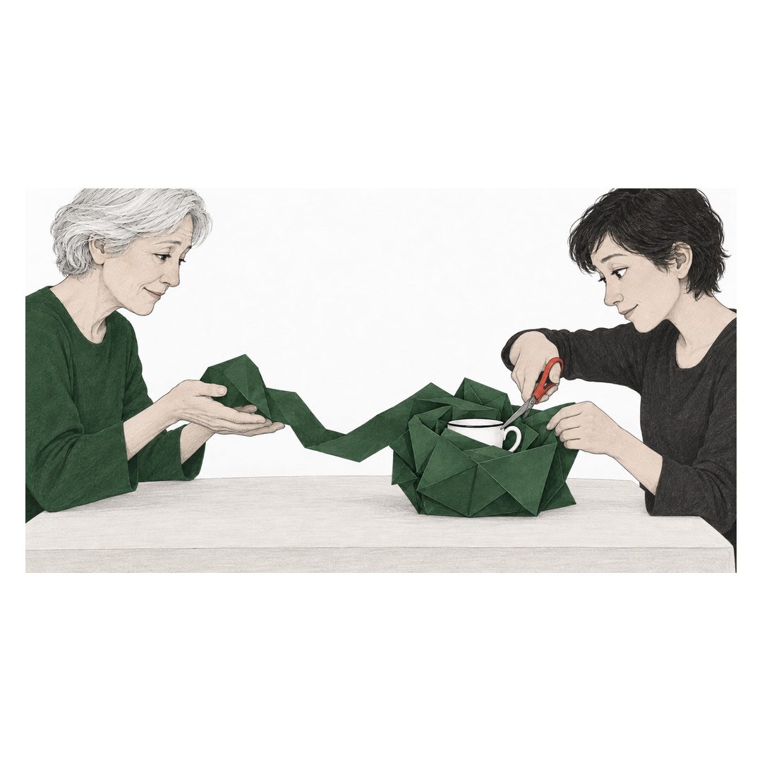 At a table, the younger woman cuts the green wrapping with red-handled scissors. A long strip of loosened paper reaches the older woman’s open hands. The cup sits between them.