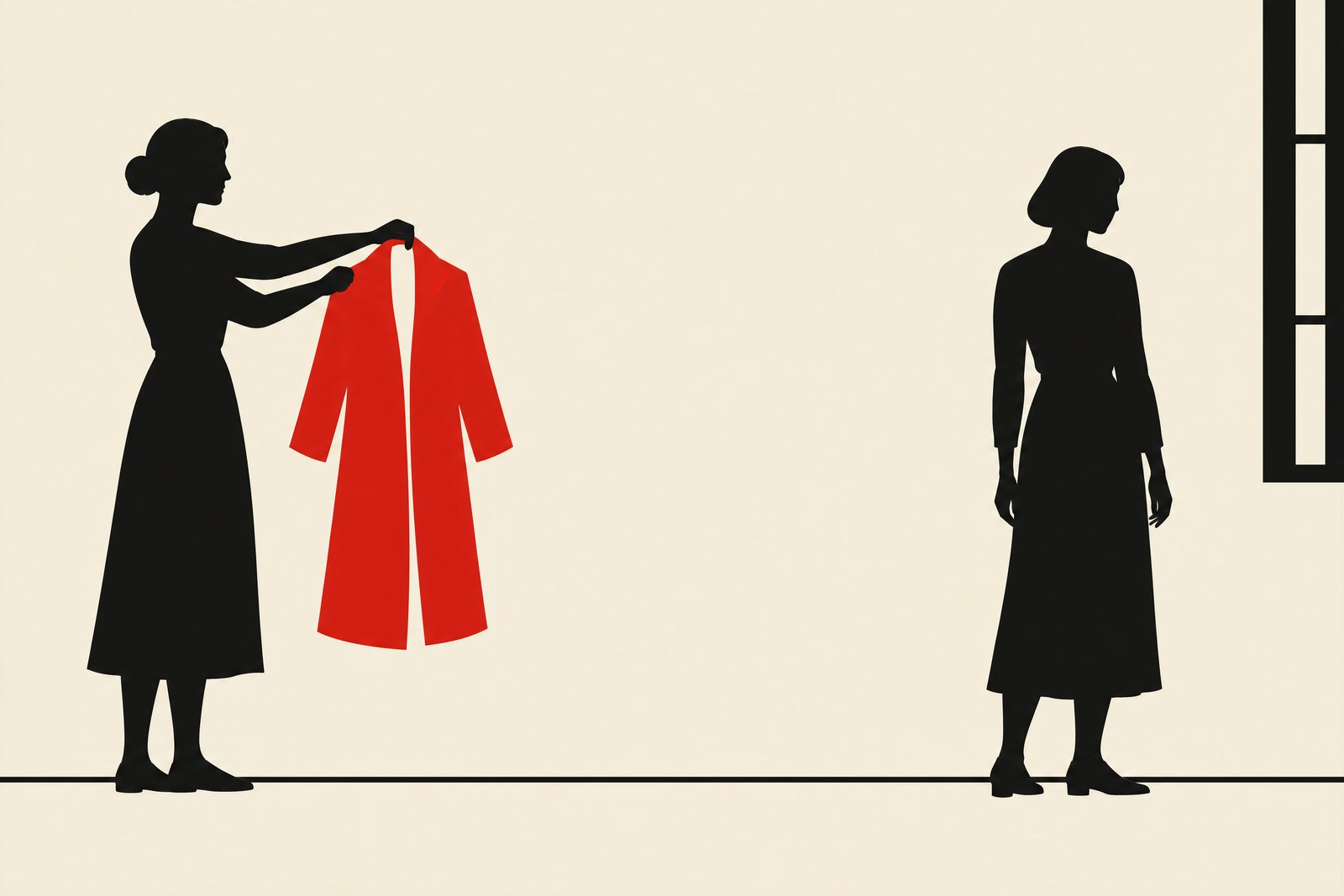 Flat black illustration on cream paper. At the left a woman holds a vermilion coat wide open, offering it; at the right a second woman stands apart with her arms at her sides, neither reaching for it nor leaving. A wide empty space separates them.