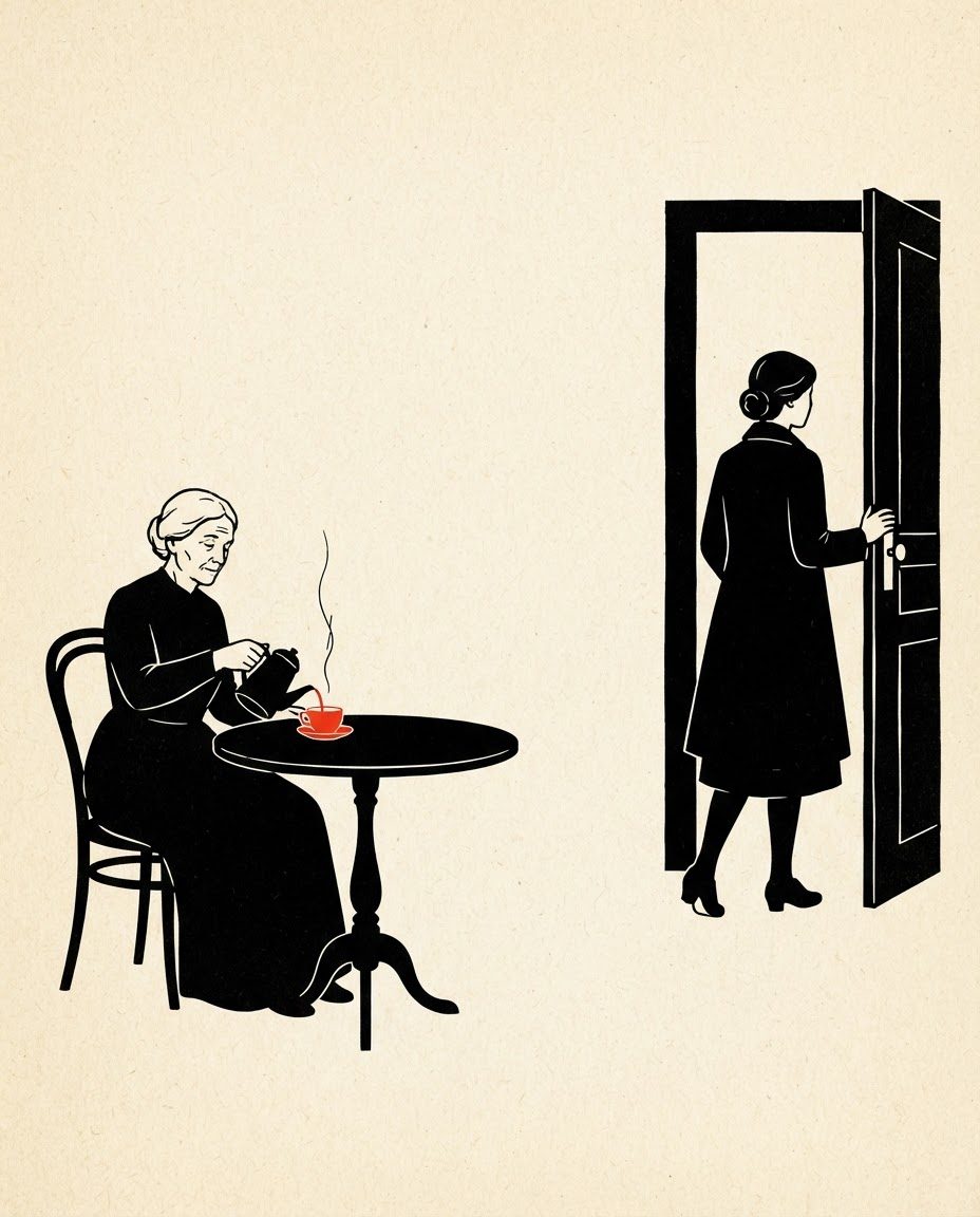 Flat black on cream paper, in the manner of a woodcut. An older woman at a small round table pours into a small vermilion cup, the only coloured thing in the picture. A younger woman in a long coat stands in a half-open doorway, already leaving. A wide empty expanse of cream separates them.