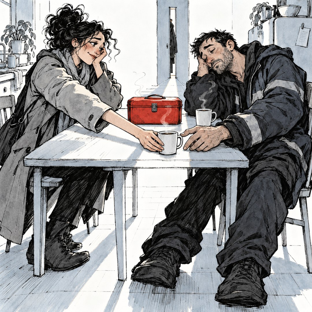 Pen and pale wash on white paper. A woman in her coat, smiling, slides a cup across a kitchen table toward a man in a work jacket who sags into his chair after a night shift, his hand reaching for it. A vermilion lunchbox, the only red thing, sits closed between them. Behind them the doorway they usually pass through is drawn as a thin slot.