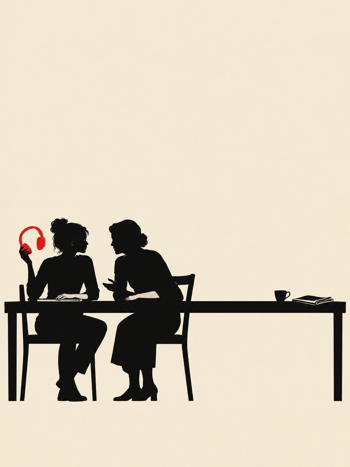 Flat black shapes on cream paper, seen from the side. At one end of a long kitchen table a young woman holds vermilion headphones in the air, just taken off, the only coloured thing in the picture. An older woman sits beside her at the corner, leaning in and speaking. At the far end, a cup and a folded newspaper sit in front of an empty space with no chair.