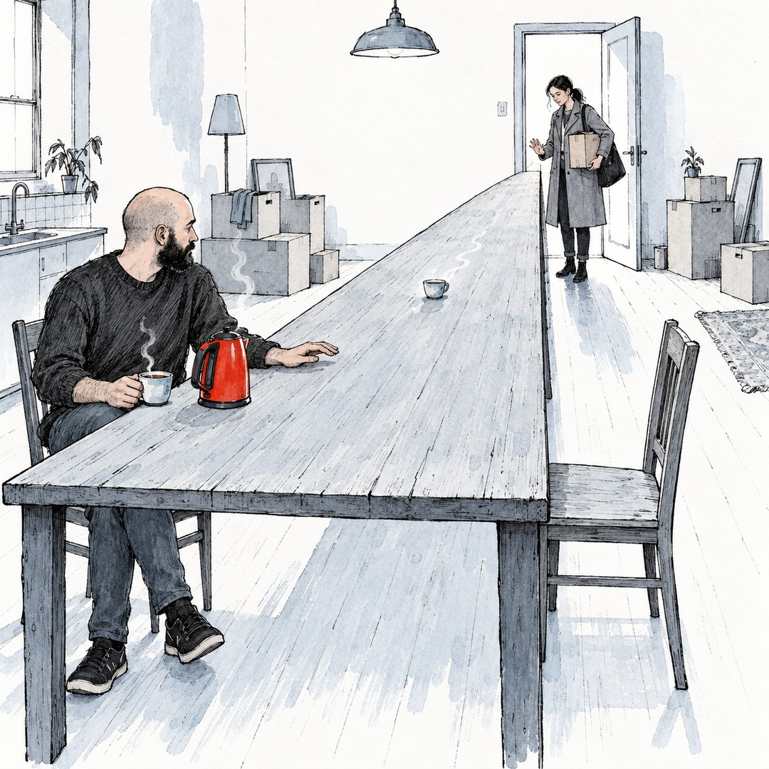 Pen and pale wash on white paper. A bald, bearded man sits at the near end of an impossibly long kitchen table, a vermilion kettle steaming beside him, the only red thing. He has just pushed a second cup of tea along the table; it slides alone toward a woman in a coat at the far door, a moving box under her arm, who hesitates.