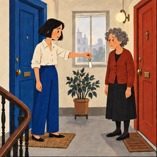 The Landing, episode 1, panel 1 of 6: Mina and Celia on their shared apartment landing.