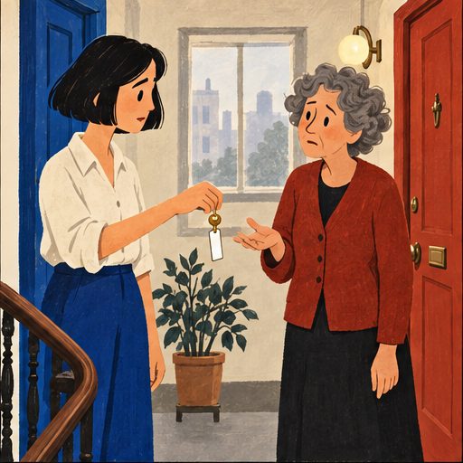 The Landing, episode 1, panel 2 of 6: Mina and Celia on their shared apartment landing.