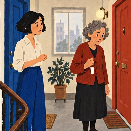 The Landing, episode 1, panel 3 of 6: Mina and Celia on their shared apartment landing.