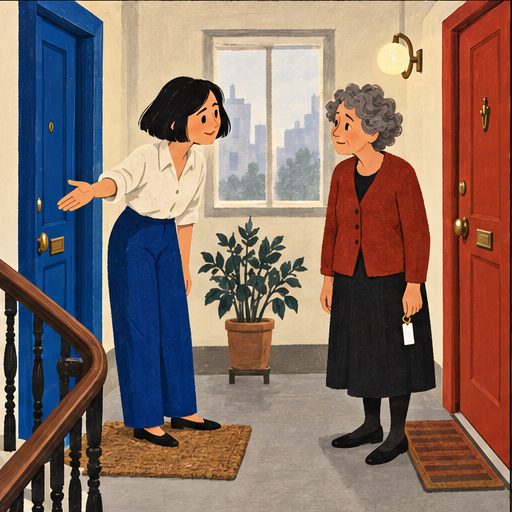 The Landing, episode 1, panel 4 of 6: Mina and Celia on their shared apartment landing.