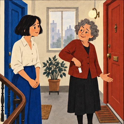 The Landing, episode 1, panel 5 of 6: Mina and Celia on their shared apartment landing.