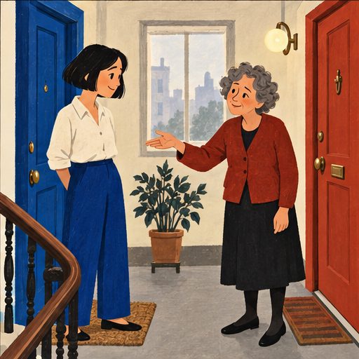 The Landing, episode 1, panel 6 of 6: Mina and Celia on their shared apartment landing.