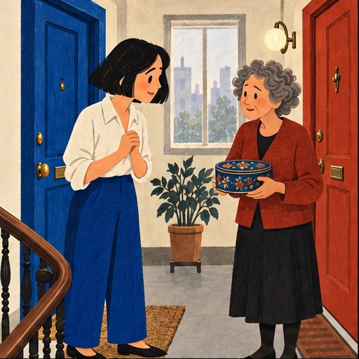 The Landing, episode 2, panel 1 of 6: Mina and Celia on their shared apartment landing.