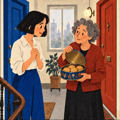 The Landing, episode 2, panel 2 of 6: Mina and Celia on their shared apartment landing.
