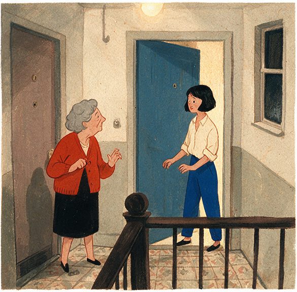 The Landing, episode 3, panel 1 of 6: Mina and Celia on their shared apartment landing.