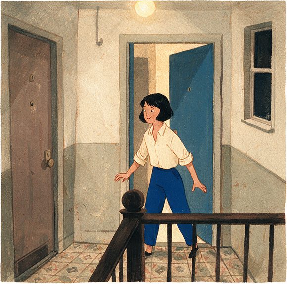 The Landing, episode 3, panel 2 of 6: Mina and Celia on their shared apartment landing.