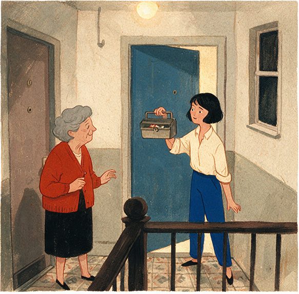 The Landing, episode 3, panel 3 of 6: Mina and Celia on their shared apartment landing.