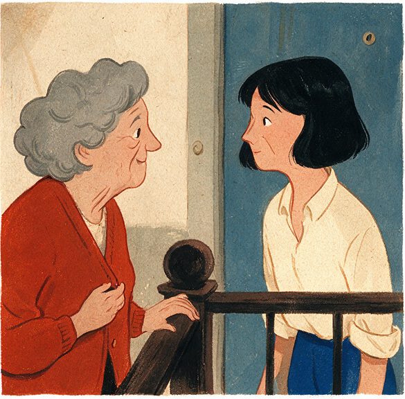 The Landing, episode 3, panel 4 of 6: Mina and Celia on their shared apartment landing.