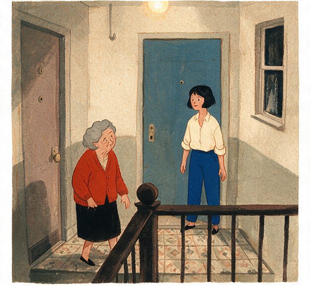 The Landing, episode 3, panel 5 of 6: Mina and Celia on their shared apartment landing.
