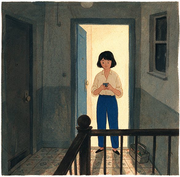 The Landing, episode 3, panel 6 of 6: Mina and Celia on their shared apartment landing.