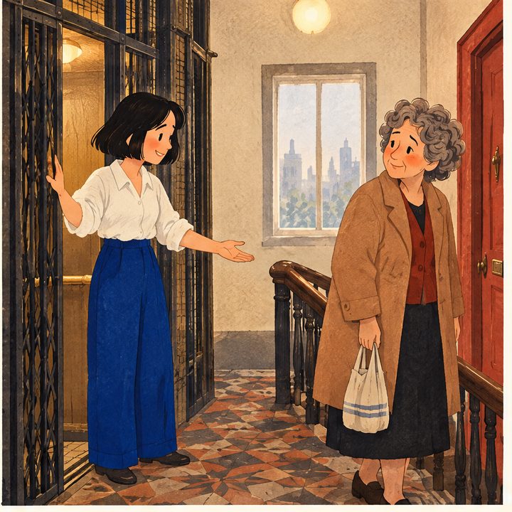 The Landing, episode 4, panel 1 of 6: Mina and Celia on their shared apartment landing.