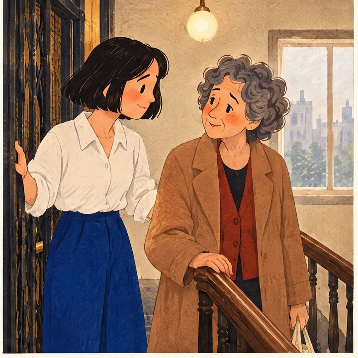 The Landing, episode 4, panel 2 of 6: Mina and Celia on their shared apartment landing.